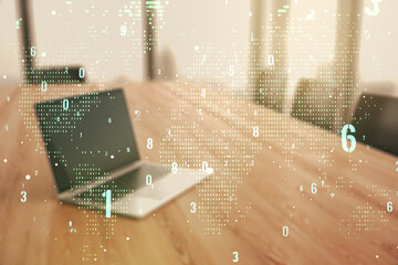 Wall Mural - abstract creative coding illustration with world map on modern computer background, international so