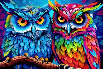  a painting of two colorful owls sitting on top of a tree branch in front of a blue sky with leaves.