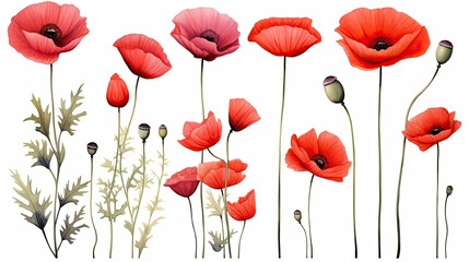 Wall Mural - Colorful poppies on a white background.