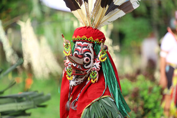 the portrait of hudoq dancers marching in order to perform sacred rituals performed by indigenous tribes    