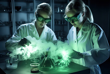 Wall Mural - two scientists doing chemistry with chemical beakers on a white background