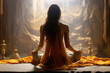 Junge Frau meditiert in einer Höhle aus Sandstein - Rücken Ansicht