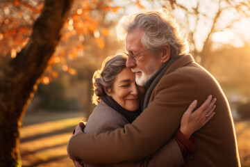 Wall Mural - Senior couple enjoying life together hugging in an autumn park, happy lifestyle retirement together smiling love hugging and smiling in park