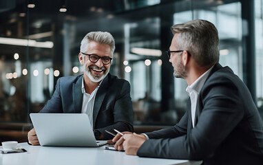 Wall Mural - two successful businessman discussing some project, talking over document, sitting in the office.
