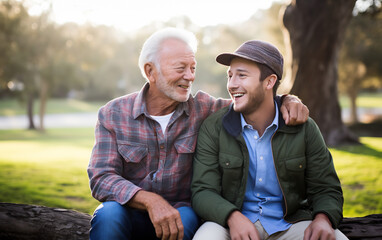 Senior father spending time with his adult son walking in the park. A man hugs his elderly father, relaxation and lifestyle after retirement concept