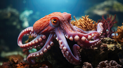 Poster - Magnificent octopus among the underwater picturesque landscape with marine life.