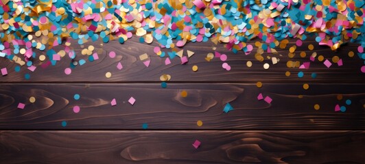 Aufkleber - Festive carnival new year's eve celebration party banner texture - Falling colorful multicolored glitter confetti isolated on rustic brown wooden table background, top view