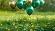  green grass, with a sharp image of green and gold balloons floating above for Saint Patrick's Day