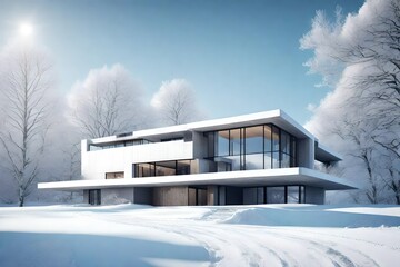 Wall Mural - **ultra modern design of concrete house in a snowy landscape. generative al