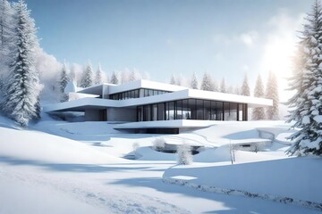 Canvas Print - **ultra modern design of concrete house in a snowy landscape. generative al