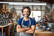 Happy, portrait and repair man in bicycle shop with arms crossed in small business workshop isolated on white background. Generative AI.