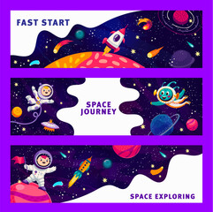 Wall Mural - space explore, journey and fast start banner. cartoon astronauts and alien character, vector rocket,
