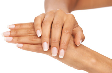 Poster - Woman, hand and nails in studio with manicure for cosmetics, skincare or nail treatment for wellness. Person, fingers or mock up space for cosmetology, moisturiser and smooth skin on white background