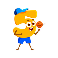 Wall Mural - Cartoon funny number five 5 playing basketball ball, sportsman character for kids mathematics, vector icon. Number 5 five on basketball game training with ball, cute math numerical for kids education