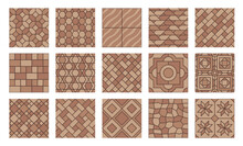 Brown Pavement Top View Patterns, Street Cobblestone And Garden Sidewalk Tiles, Seamless Vector. Stone Bricks Pavement Patterns Of Terracotta Tiles With Mosaic Cubic And Geometric Floral Pattern