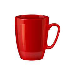 Wall Mural - Red mug, realistic, coffee or tea cup, tableware mockup of ceramic teacup with handle, isolated vector. 3D coffee mug or tea cup mock up for porcelain kitchenware or drink dishware and table crockery