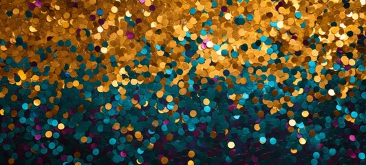 Aufkleber - Happy carnival party celebration template texture greeting card background  - Abstract closeup of colorful fallen confetti and gold turquoise glitter particles, top view