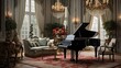 A traditional living room with a grand piano, luxurious drapes, and classic molding