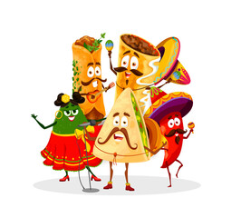 Poster - Cartoon Mexican Tex Mex cuisine dancing characters for Mexico holiday fiesta, vector food. Funny burrito in sombrero with maracas, quesadilla mariachi musician and chili pepper with avocado sing