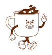 The hand-drawn cacao cup retro character. Vector illustration in trendy retro cartoon style. Love, Valentine's Day.