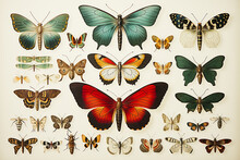 Coloured Engravings Of The 19th Century With Entomological Collections. AI Generative.