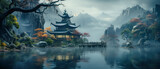 Fototapeta Do pokoju - Japanese Landscape Illustration with Shinto Shrine in a Misty Lake Wallpaper Cover Panorama Poster Banner Background Backdrop Digital Art Japan-Art