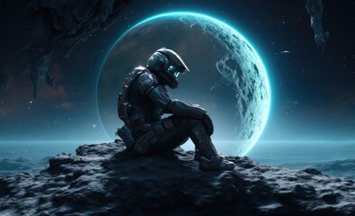 Wall Mural - a man with a helmet is sitting on a rock in a galaxy