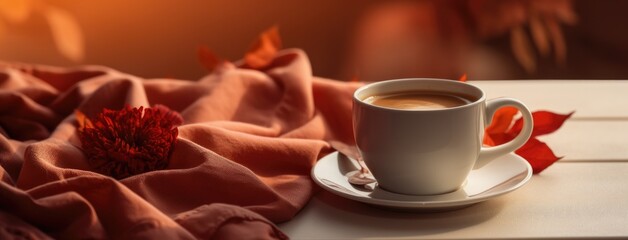 Sticker - a warm cup of coffee is sitting on a red towel on table,