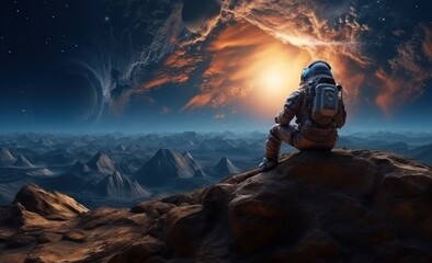 Wall Mural - an astronaut is shown in his spacesuit with space on the background