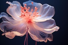  A White Flower With Pink Stamens On A Black Background With A Blue Back Ground And A Black Back Ground.