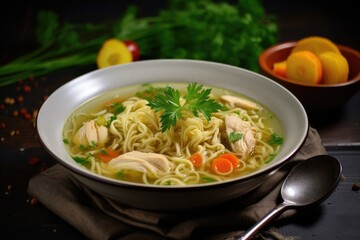 Wall Mural - Homemade chicken noodle soup with vegetables and spices in a bowl. Healthy food concept