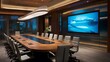 High-tech boardroom with a large conference table, high-back chairs, and state-of-the-art audiovisual equipment