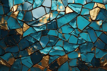  a close up view of a blue and gold mosaic tile wall with lots of gold and blue tiles on it.