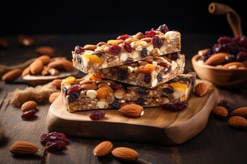 Wall Mural - Cereal superfood energy bars with almond nuts, dry fruits, raisins chocolate. Generative AI