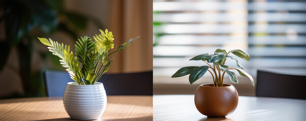 Wall Mural - Wooden table with green flowers decoration.