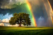 A Picturesque Scene Featuring A Lone Tree Standing Tall In A Vibrant Green Meadow, Under A Breathtaking Rainbow.