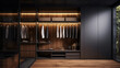 Walk in closet with luxury warm and black wooden wardrobe and drawer storage decorated with beautiful lighting, modern and minimal style walkin closet interior design.