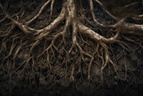 Fototapeta  - Intricate underground world Close-up of tree roots in soil, displaying a detailed and textured environment. ai generative