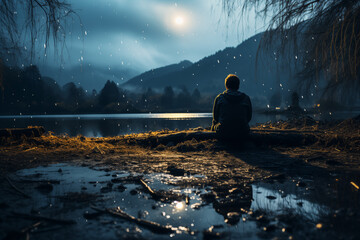 Wall Mural - Depressed and Alone: Silhouette of a Young Man in a Dark Park