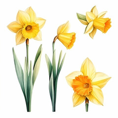 Poster - daffodils set watercolor illustration on white background