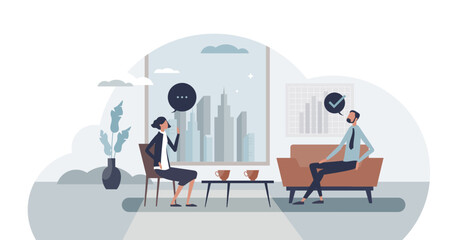 Wall Mural - HR employee relations for successful work relationships tiny person concept, transparent background.Business staff interaction, talking and job tasks planning illustration.
