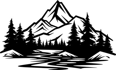  Mountain river landscape silhouette in black color. Vector template.
