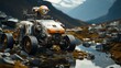 A tire-clad robot navigates a treacherous mountain terrain, its auto parts grinding against the rocky ground as it conquers the rugged outdoors with its trusty wheels