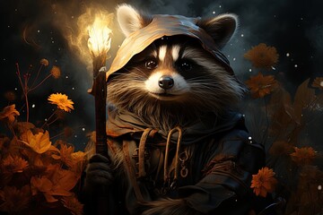 Wall Mural - mischievous raccoon witch animal illustration