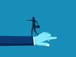 Conflict. Businessman on giant hands pointing in opposite directions. vector
