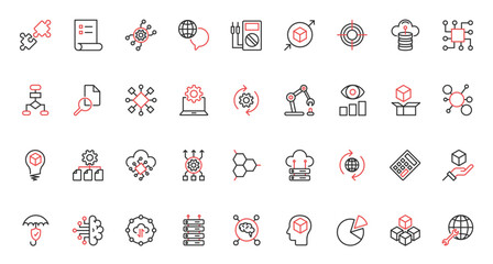 Poster - Intelligent machine with neural electronic system, innovation of artificial intelligence digital data support. AI, machine learning science trendy red black thin line icons set vector illustration.