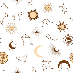 Wall Mural - Magic seamless pattern with constellations, sun, moon, magic eyes, clouds and stars. Mystical esoteric