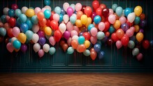 A Kaleidoscope Of Balloons Gently Ascending In Front Of A Vividly Hued Wall, Creating A Mesmerizing Composition.