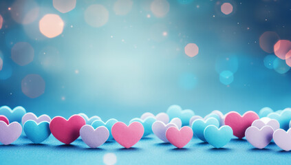 Wall Mural - Blue and pink heart shapes, Valentines day background. Be my valentine theme. valentine celebration concept greeting card hearts on string with gold defused bokeh lights in the background