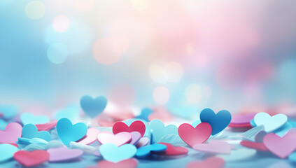 Wall Mural - Blue and pink heart shapes, Valentines day background. Be my valentine theme. valentine celebration concept greeting card hearts on string with gold defused bokeh lights in the background